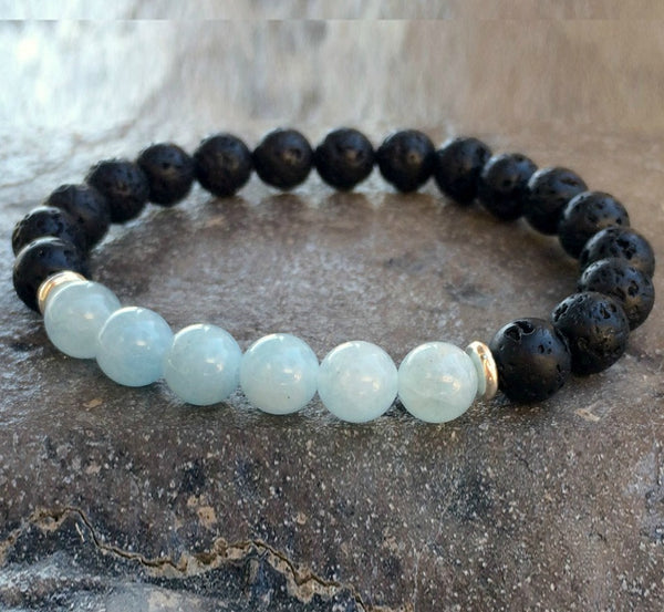 Blue Aquamarine and Black Lava Stone Crystal Diffuser Bracelet | Crystal Intention Jewelry