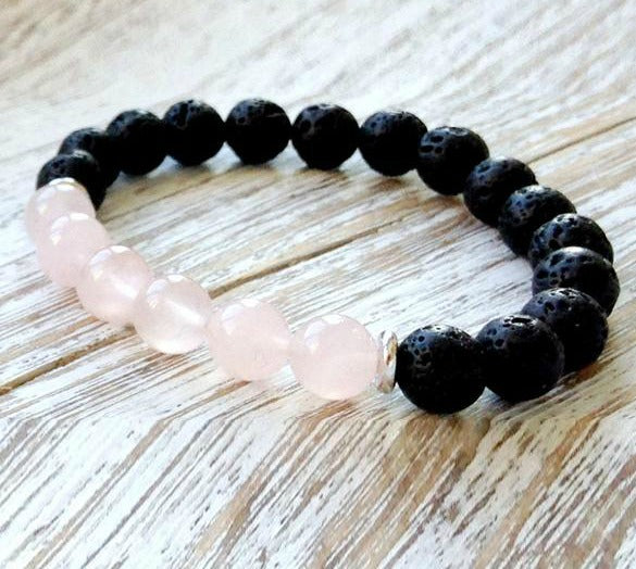 Rose Quartz and Black Lava Stone Crystal Diffuser Bracelet, side angle | Crystal Intention Jewelry