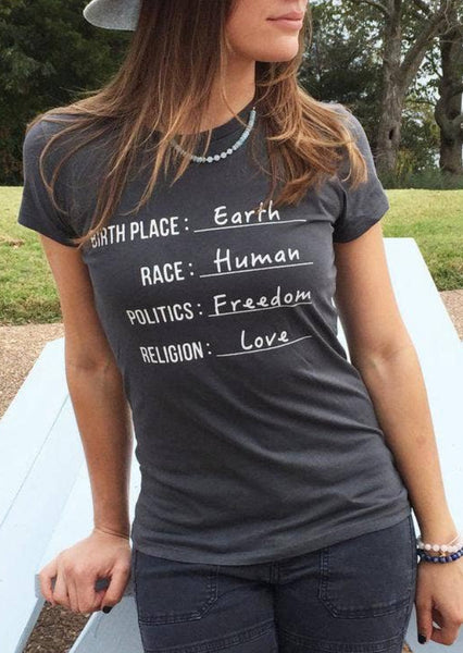 Earth, Human, Freedom, Love Organic Tshirt on model