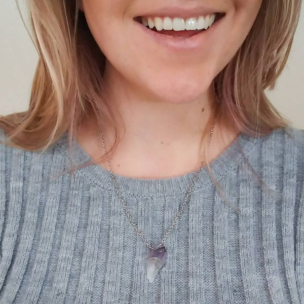 Raw Amethyst Crystal Silver Necklace on Woman's Neck | Intention Jewelry
