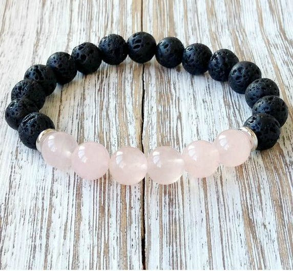 Rose Quartz and Black Lava Stone Crystal Diffuser Bracelet | Crystal Intention Jewelry