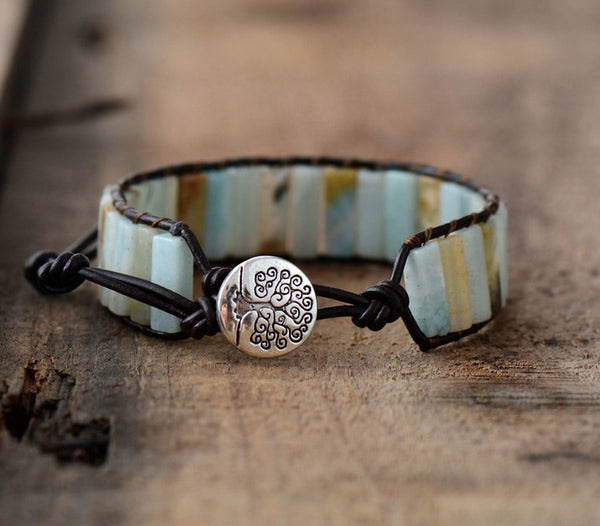 Handmade Amazonite crystal stone natural dark leather wrap bracelet with adjustable silver tree of life clasp.