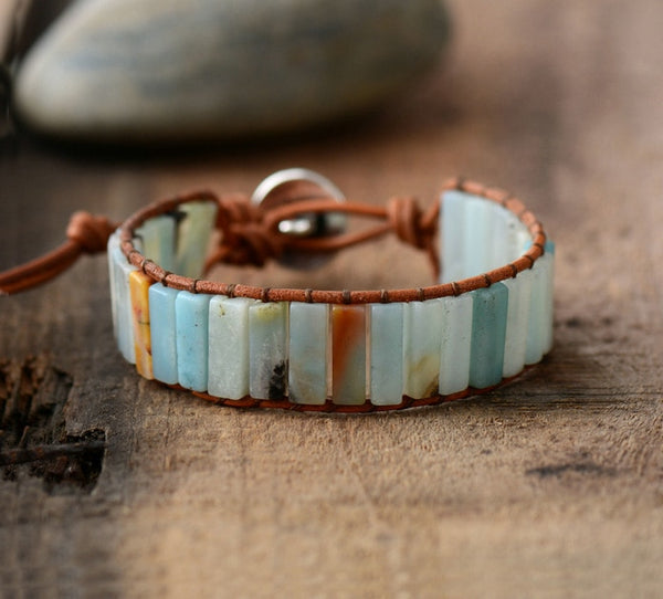 Handmade Amazonite crystal healing stone natural leather wrap bracelet with adjustable silver tree of life clasp.
